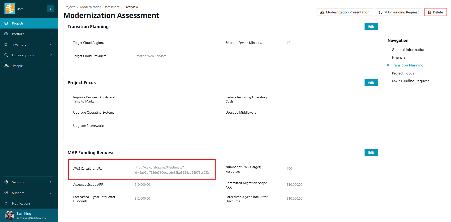 the project overview with the AWS Calculator link saved