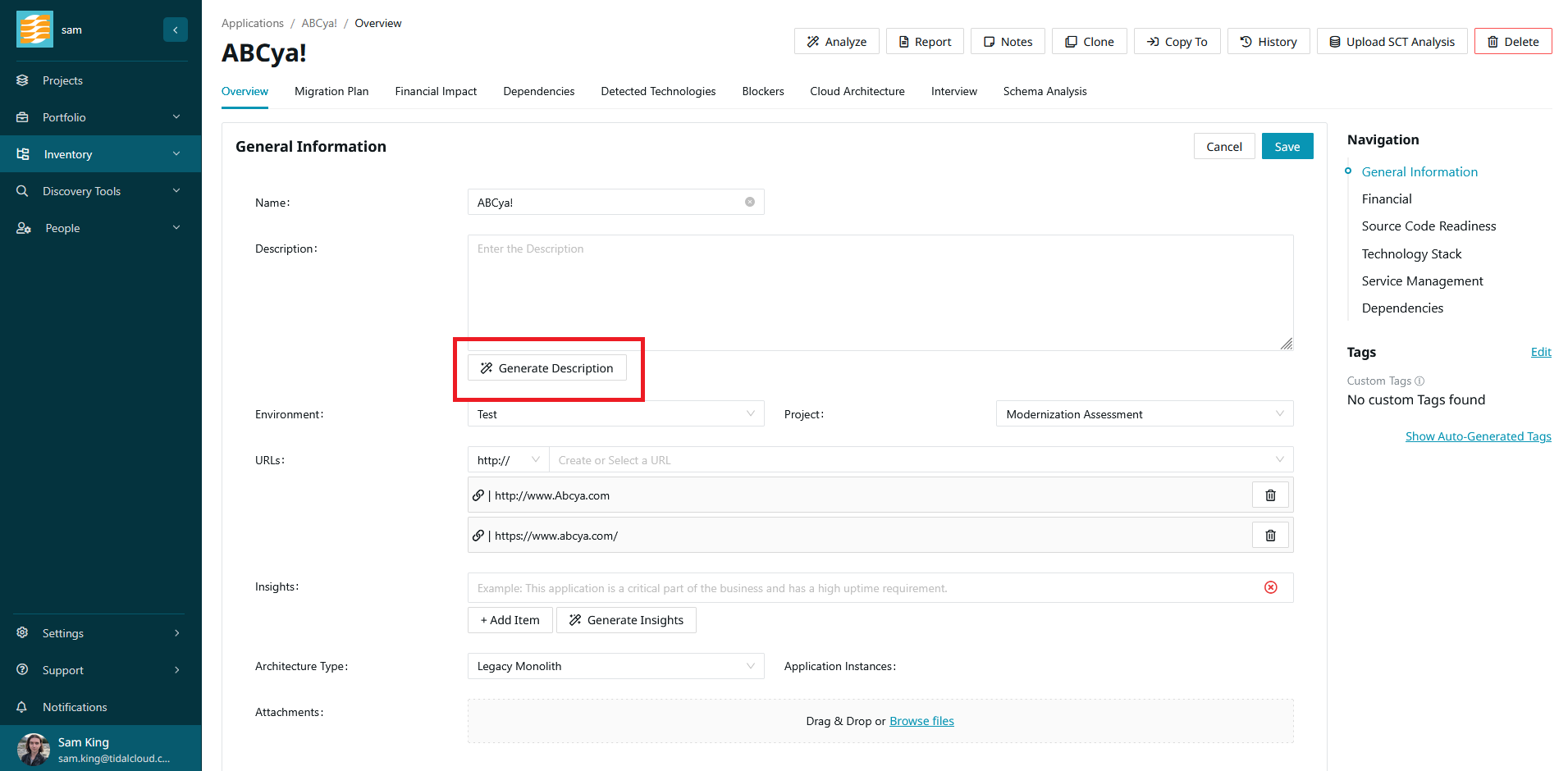 screenshot of the location of the 'generate description' button