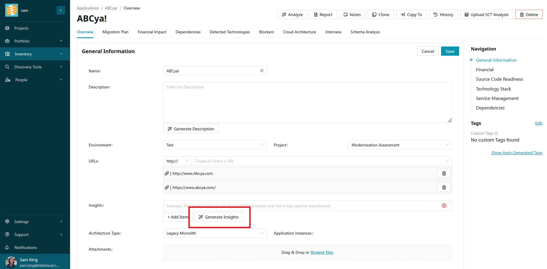 screenshot of the location of the 'generate insights' button